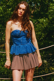 Denim Strapless Bustier Peplum Top