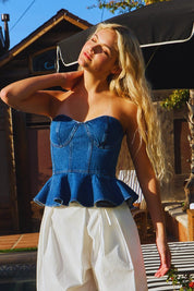 Denim Strapless Bustier Peplum Top