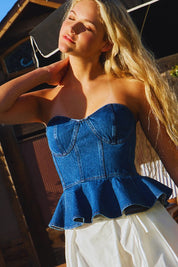Denim Strapless Bustier Peplum Top