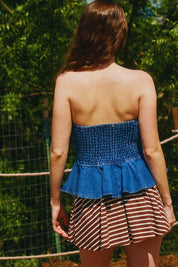 Denim Strapless Bustier Peplum Top