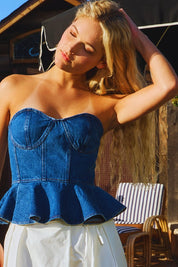 Denim Strapless Bustier Peplum Top