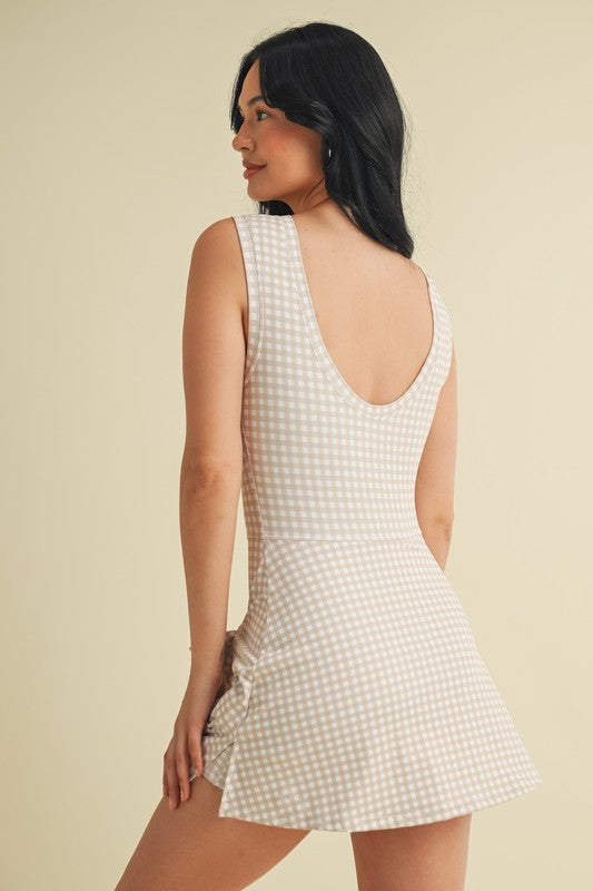 Beige Gingham Wrap Tie Dress