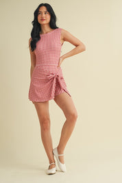 Red Gingham Wrap Tie Dress