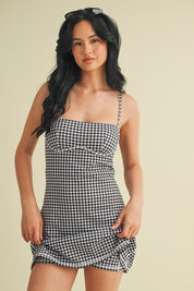 Black Gingham Print Sweetheart Dress