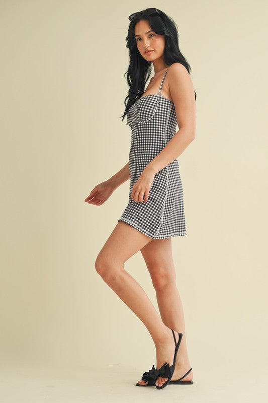 Black Gingham Print Sweetheart Dress