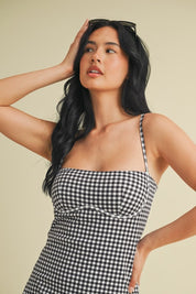 Black Gingham Print Sweetheart Dress