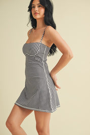 Black Gingham Print Sweetheart Dress