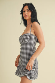 Black Gingham Print Sweetheart Dress