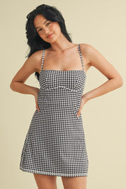 Black Gingham Print Sweetheart Dress