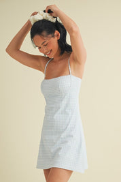 Blue Gingham Print Sweetheart Dress