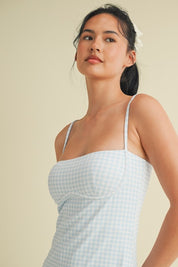 Blue Gingham Print Sweetheart Dress
