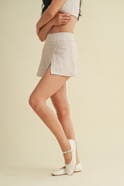 Beige Gingham Print Side Slit A-line Skort