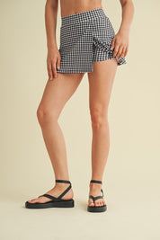 Black Gingham Print Side Slit A-line Skort