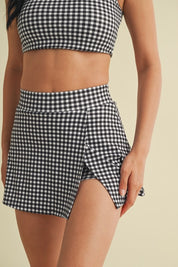 Black Gingham Print Side Slit A-line Skort