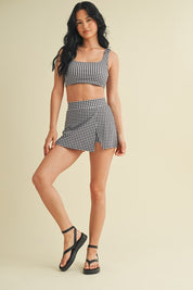 Black Gingham Print Side Slit A-line Skort