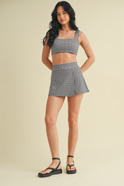 Black Gingham Print Side Slit A-line Skort