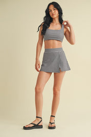 Black Gingham Print Side Slit A-line Skort