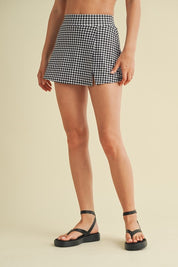 Black Gingham Print Side Slit A-line Skort