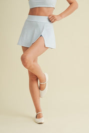 Blue Gingham Print Side Slit A-line Skort
