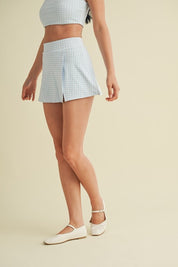Blue Gingham Print Side Slit A-line Skort