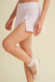 Pink Gingham Print Side Slit A-line Skort