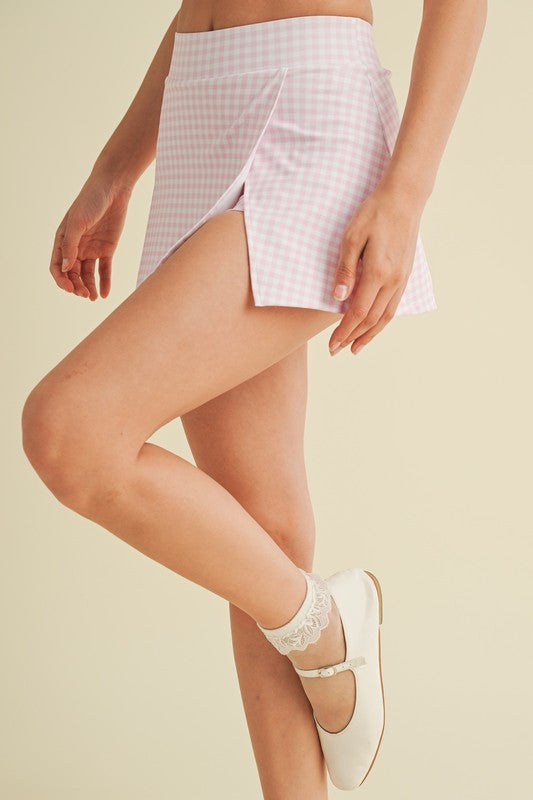 Pink Gingham Print Side Slit A-line Skort