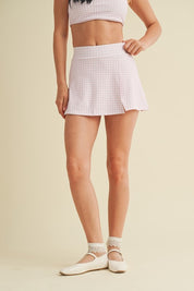 Pink Gingham Print Side Slit A-line Skort