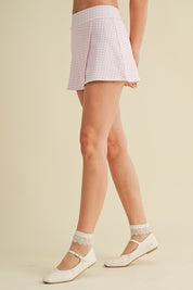 Pink Gingham Print Side Slit A-line Skort