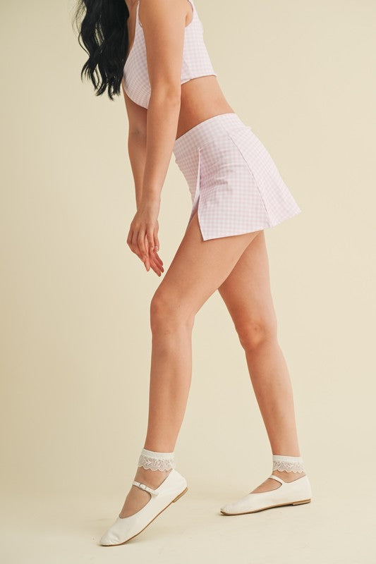 Pink Gingham Print Side Slit A-line Skort