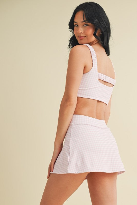 Pink Gingham Print Side Slit A-line Skort