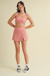 Red Gingham Print Side Slit A-line Skort