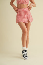 Red Gingham Print Side Slit A-line Skort