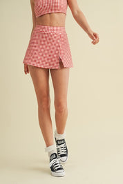 Red Gingham Print Side Slit A-line Skort