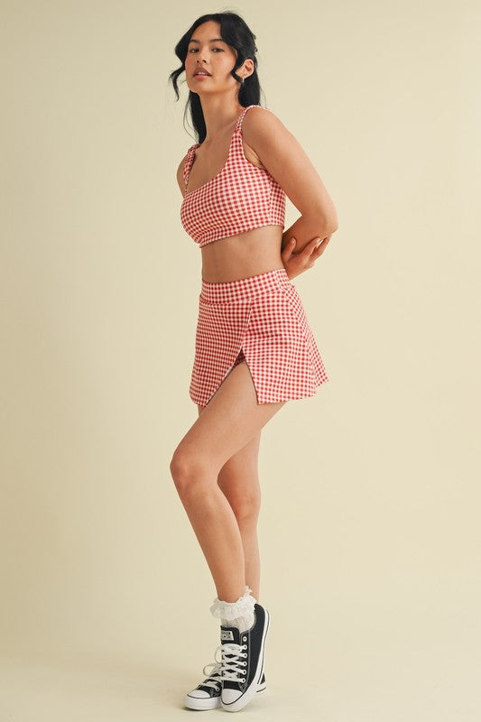 Red Gingham Print Side Slit A-line Skort