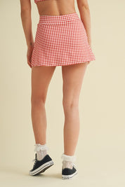 Red Gingham Print Side Slit A-line Skort