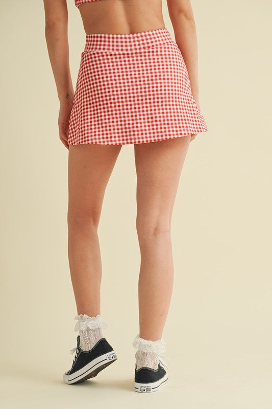 Red Gingham Print Side Slit A-line Skort