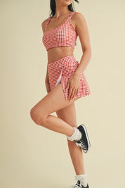 Red Gingham Print Side Slit A-line Skort
