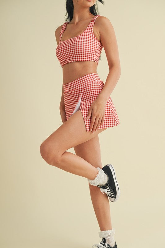 Red Gingham Print Side Slit A-line Skort