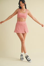 Red Gingham Print Side Slit A-line Skort