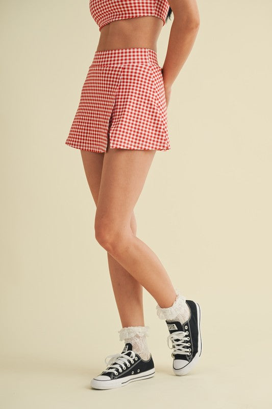 Red Gingham Print Side Slit A-line Skort