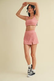 Red Gingham Print Side Slit A-line Skort
