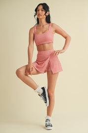 Red Gingham Print Side Slit A-line Skort