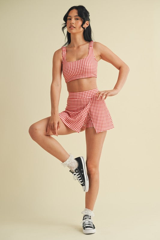 Red Gingham Print Side Slit A-line Skort