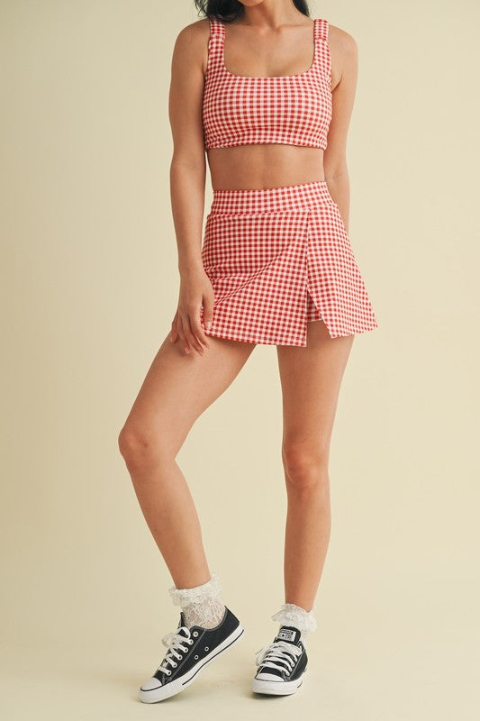 Red Gingham Print Side Slit A-line Skort