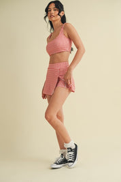 Red Gingham Print Side Slit A-line Skort