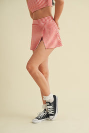 Red Gingham Print Side Slit A-line Skort