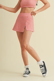 Red Gingham Print Side Slit A-line Skort