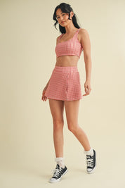Red Gingham Print Side Slit A-line Skort