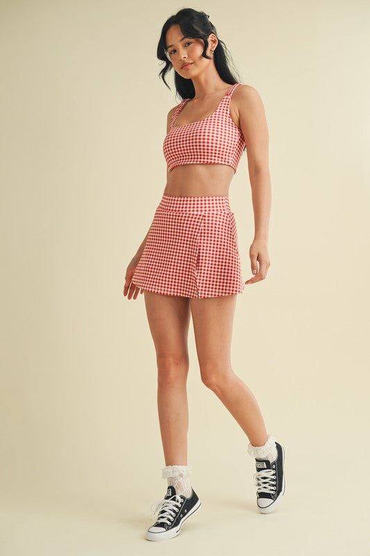 Red Gingham Print Side Slit A-line Skort