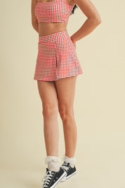 Red Gingham Print Side Slit A-line Skort
